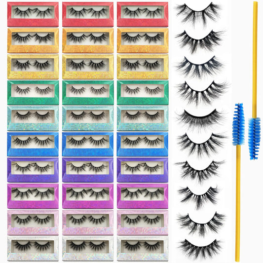 Faux Mink Lashes – 30 Pairs, 10 Styles, 15–22mm Fluffy Wispy Natural Volume Bundle