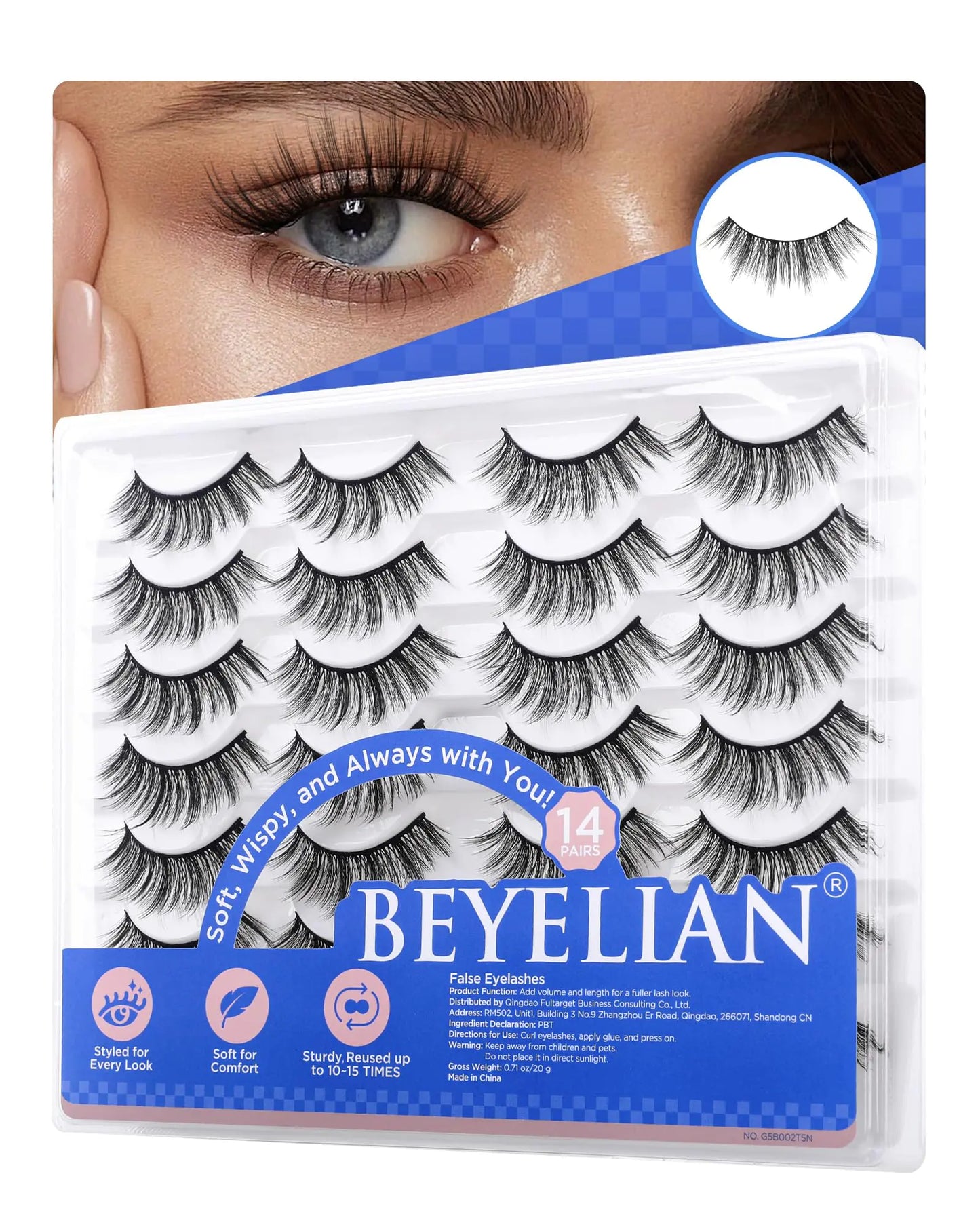 Natural Doll Eye Eyelashes  – 14 Pair Reusable Faux Mink, D Curl