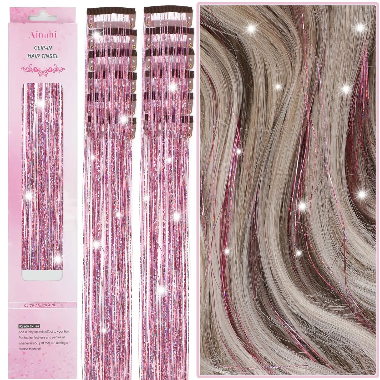 Pink Glitter Hair Tinsel Clip-Ins – 12 Pack